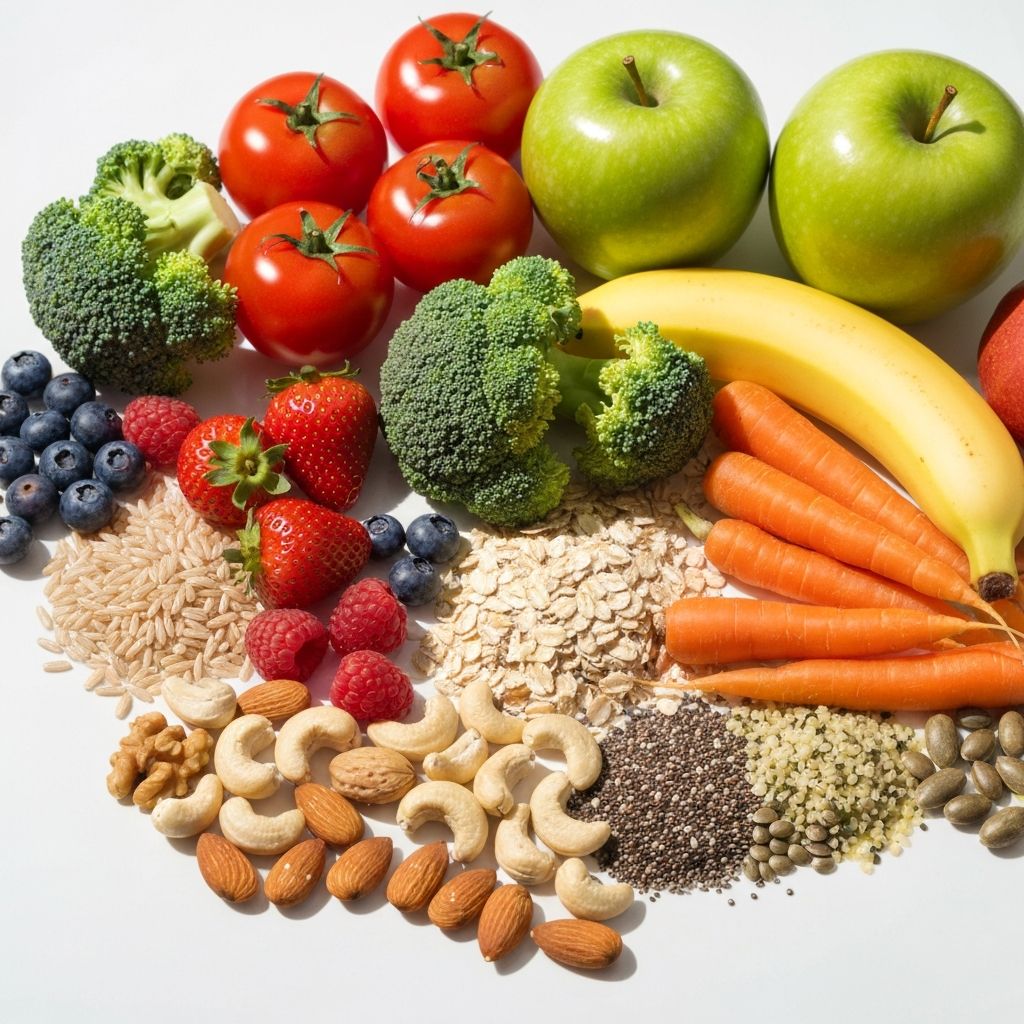 Colorful array of whole foods arranged naturally